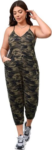 WDIRARA Women's Plus Size Camo Cami Jumpsuit Deep V Neck Sleeveless Pants Romper with Pockets in Saudi Arabia