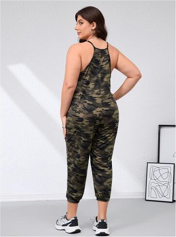 WDIRARA Women's Plus Size Camo Cami Jumpsuit Deep V Neck Sleeveless Pants Romper with Pockets in Saudi Arabia
