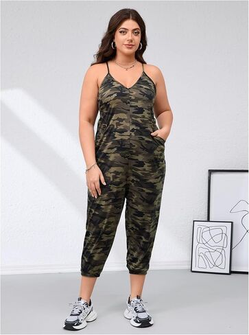 WDIRARA Women's Plus Size Camo Cami Jumpsuit Deep V Neck Sleeveless Pants Romper with Pockets in Saudi Arabia