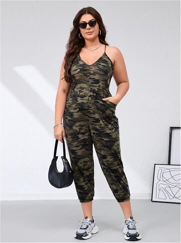 WDIRARA Women's Plus Size Camo Cami Jumpsuit Deep V Neck Sleeveless Pants Romper with Pockets in Saudi Arabia