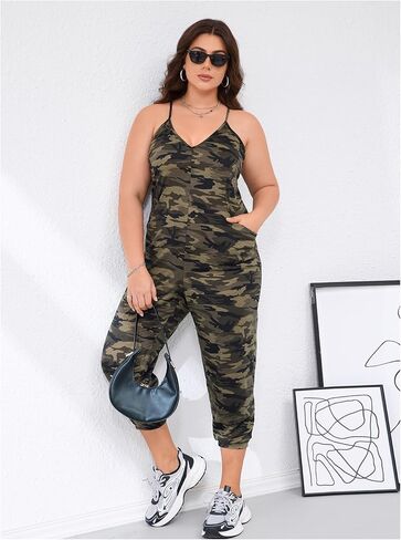 WDIRARA Women's Plus Size Camo Cami Jumpsuit Deep V Neck Sleeveless Pants Romper with Pockets in Saudi Arabia