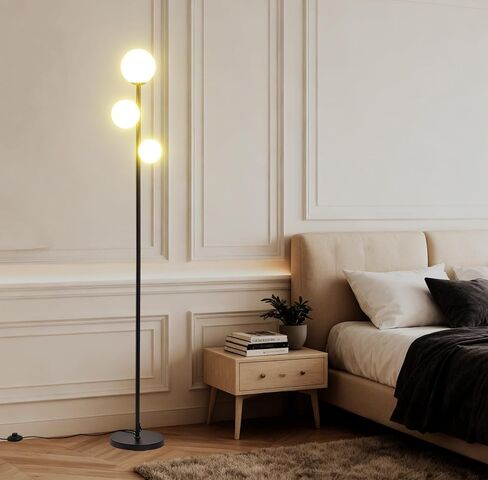 Fiqevs 3 Globe Mid Century Modern Floor Lamp لغرفة المعيشة ، مصباح قائم بالذهول مع ظل زجاجي متجمد ومصابيح LED دافئة 3 × 2700 ك in Kuwait