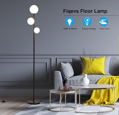 Fiqevs 3 Globe Mid Century Modern Floor Lamp لغرفة المعيشة ، مصباح قائم بالذهول مع ظل زجاجي متجمد ومصابيح LED دافئة 3 × 2700 ك in Kuwait