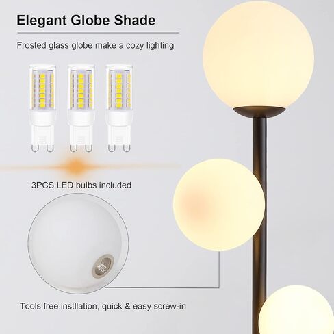Fiqevs 3 Globe Mid Century Modern Floor Lamp لغرفة المعيشة ، مصباح قائم بالذهول مع ظل زجاجي متجمد ومصابيح LED دافئة 3 × 2700 ك in Kuwait