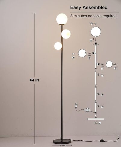 Fiqevs 3 Globe Mid Century Modern Floor Lamp لغرفة المعيشة ، مصباح قائم بالذهول مع ظل زجاجي متجمد ومصابيح LED دافئة 3 × 2700 ك in Kuwait