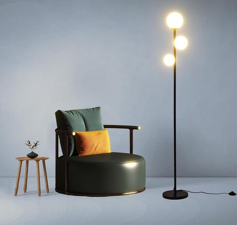 Fiqevs 3 Globe Mid Century Modern Floor Lamp لغرفة المعيشة ، مصباح قائم بالذهول مع ظل زجاجي متجمد ومصابيح LED دافئة 3 × 2700 ك in Kuwait