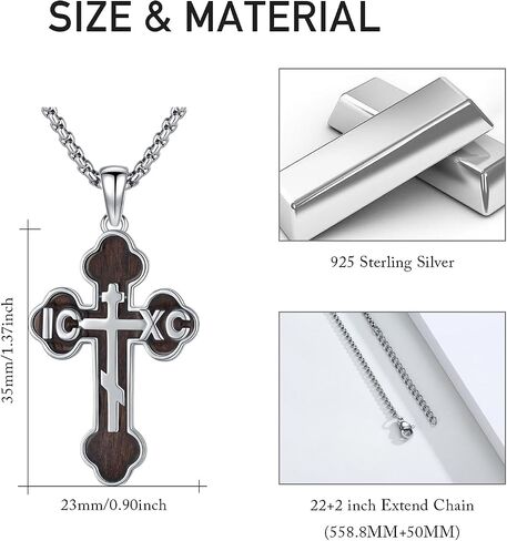 925 Sterling Silver Wooden Cross Pendant Necklace for Men Women with Stainless Steel Chain 22"+2" in Kuwait