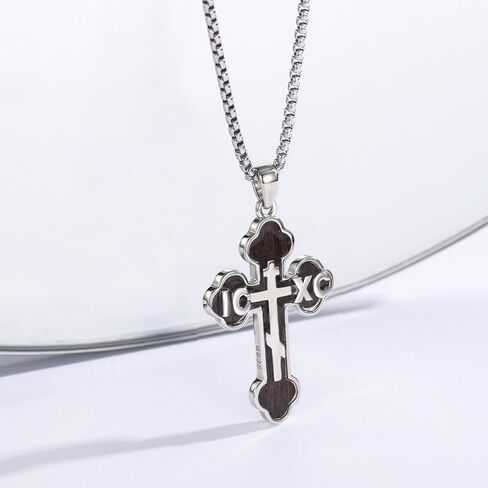 925 Sterling Silver Wooden Cross Pendant Necklace for Men Women with Stainless Steel Chain 22"+2" in Kuwait