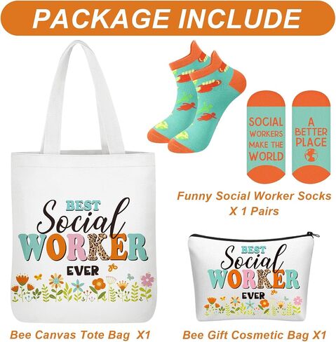 3 Pcs Bee Themed Gifts for Women Funny Honeybee Canvas Tote Bag with Zipper Makeup Bag and Socks in Saudi Arabia