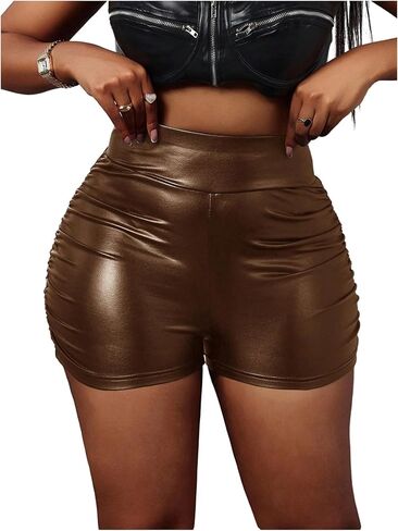 Verdusa Women's PU Leather Shorts Ruched High Waisted Party Night Out Fitted Mini Shorts in Kuwait