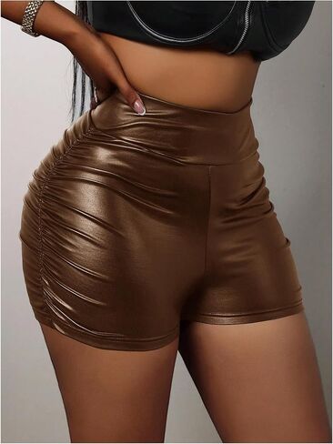 Verdusa Women's PU Leather Shorts Ruched High Waisted Party Night Out Fitted Mini Shorts in Kuwait