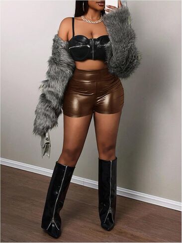 Verdusa Women's PU Leather Shorts Ruched High Waisted Party Night Out Fitted Mini Shorts in Kuwait