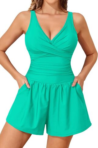 Smismivo Romper Swimsuits for Women Tummy One Piece Bathing Suit Slimming Full Coverage with Shorts Pocket V Neck Swim Suit in Saudi Arabia