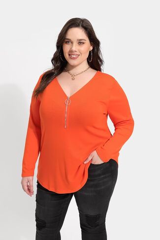TIYOMI Women Plus Size Tops Long Sleeves Zipper Adjustable Zip Long Sleeve V Neck Fall Winter Casual Loose Fit Tunic Tops in Saudi Arabia