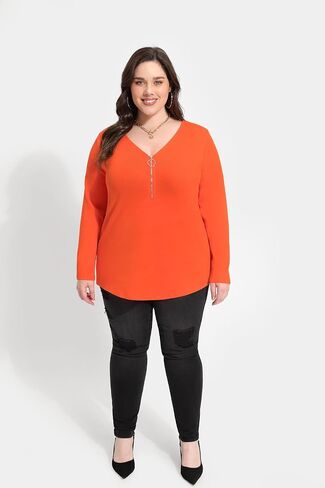 TIYOMI Women Plus Size Tops Long Sleeves Zipper Adjustable Zip Long Sleeve V Neck Fall Winter Casual Loose Fit Tunic Tops in Saudi Arabia