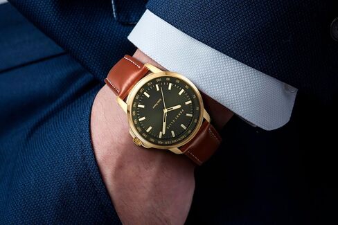Perry Ellis Solar Powered Mens Watch | Vegan Leather Water-Resistant Analog Wrist Watches for Men | 43mm Case | Aluminum Tachymeter Bezel | Elegant Gift for Man in Saudi Arabia