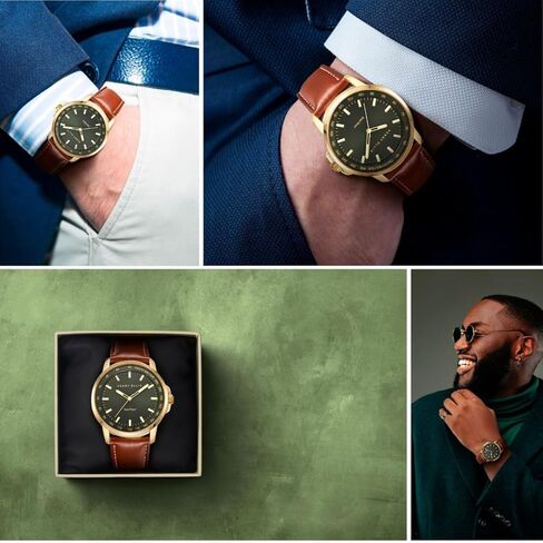 Perry Ellis Solar Powered Mens Watch | Vegan Leather Water-Resistant Analog Wrist Watches for Men | 43mm Case | Aluminum Tachymeter Bezel | Elegant Gift for Man in Saudi Arabia