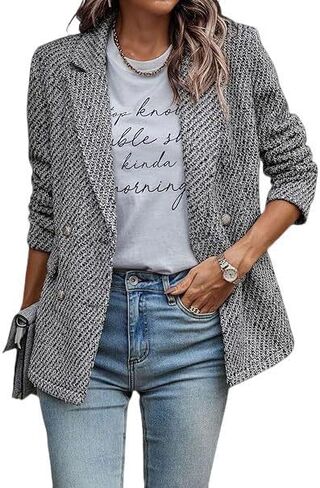 utcoco Womens Tweed Blazer Double Breasted Office Blazer Casual Long Sleeve Textured Jacket 2025 Fashion Outfits in Saudi Arabia