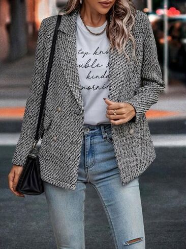 utcoco Womens Tweed Blazer Double Breasted Office Blazer Casual Long Sleeve Textured Jacket 2025 Fashion Outfits in Saudi Arabia