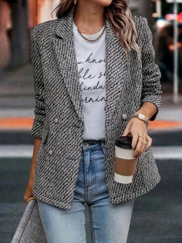 utcoco Womens Tweed Blazer Double Breasted Office Blazer Casual Long Sleeve Textured Jacket 2025 Fashion Outfits in Saudi Arabia