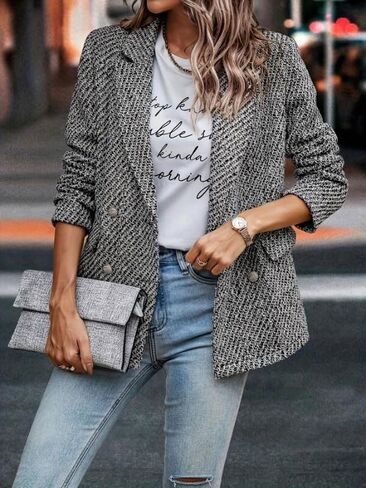 utcoco Womens Tweed Blazer Double Breasted Office Blazer Casual Long Sleeve Textured Jacket 2025 Fashion Outfits in Saudi Arabia