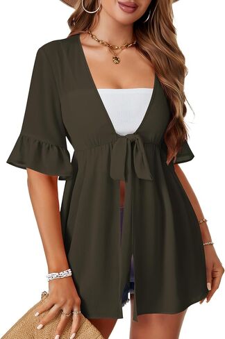 Lyaner Women’s V Neck Flouse نصف الأكمام التعادل في التستر على الشاطئ بلوزة كارديجان in Kuwait