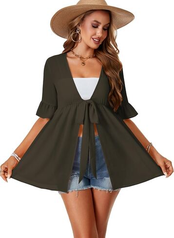 Lyaner Women’s V Neck Flouse نصف الأكمام التعادل في التستر على الشاطئ بلوزة كارديجان in Kuwait