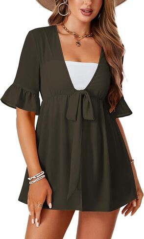 Lyaner Women’s V Neck Flouse نصف الأكمام التعادل في التستر على الشاطئ بلوزة كارديجان in Kuwait