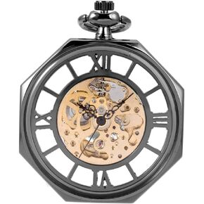 Pocket Watch Skeleton Automatic Mechanical Open Face Old Railroad Style Octagonal for Men