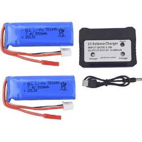 sea jump 2PCS 7.4V 550mAh Lithium Battery with 2-in-1 Charger for WLTOYS P929 P939 K979 K989 K999 K969 High-Speed Remote Control Car Battery 4WD Drift Alloy Off-Road Vehicle Parts