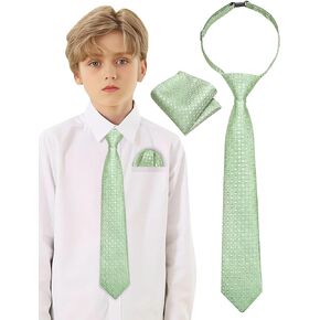 Barry.Wang Pre-Tied for Boys Solid Neckties and Pocket Square Set Adjustable Ties 15'' Teenager School Graduation Performance