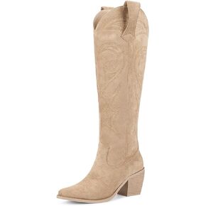 wetkiss Women's Knee High Cowboy Boots | Western Cowgirl, Embroidered Pointed Toe, PU Leather, Chunky Heel, Pull On Tall in Saudi Arabia