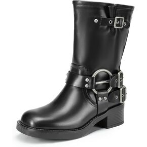 DREAM PAIRS Mid Calf Boots for Women, Square Toe Motorcycle Boots with Buckles, Women's Biker Boots with Low Chunky Heel