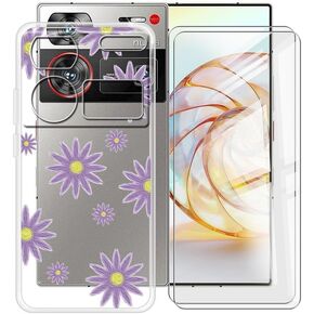 Phone Case for ZTE Nubia Z60 Ultra (6.8") with 2 X Tempered Glass Screen Protector, [Anti-Yellow X Shockproof] Clear Soft TPU Bumper Cover for ZTE Nubia Z60 Ultra - Camellia