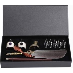 UBEART Calligraphy Set, Calligraphy Kits Include Antique Quill Feather Pen,Handcraft Wooden Pen,12 Nibs,2 Bottles Inks,Pen Holder and Calligraphy Instruction for Beginners Birthday Gift