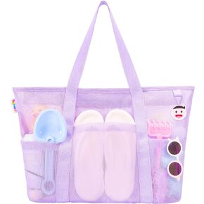 Tagitary Beach Toys Mesh Beach Bag with Zipper and 8 Pockets, Large Beach Tote Waterproof Sandproof for Toys Storage Travel Pool Bag