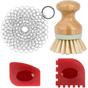 Cast Iron Cleaner kit, Wood Scrub Cleaning Brush, Stainless Steel Chainmail Scrubber, Pan Scrapers, Kitchen Cleaning