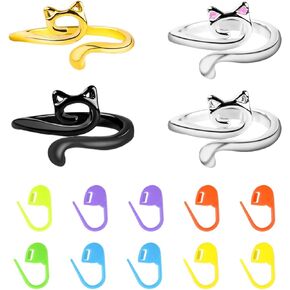 4pcs Cat Ears Crochet Ring with 10pcs Stitch Markers, Adjustable Yarn Tension Loop Ring 4 Colors Knitting Guide Finger Holder Crochet Tool for Hand Weaving