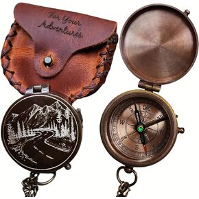 SFdizayn Mountains and Road Engraved Working Handmade Antiqued Brass Compass Gift for Men with ''for Your Adventures'' Stamped Leather Case