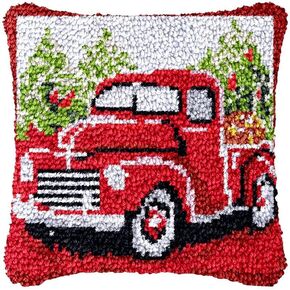 Christmas Red Truck Latch Hook Pillow Cover Kits for DIY Handmade Throw Pillow Cross Stitch Latch Hook Pillowcase Rug Kits with Preprinted Canvas Crochet Yarn Kits Needlework Crafts 17'' X 17''