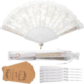 Yookeer White Wedding Fans Lace Floral Folding Hand Fans for Guest Rose Chinese Retro Foldable Fan Bridal Dancing Props Fan Tag with Holes and Bags for Wedding Gift Tea Party Church(24 Set)