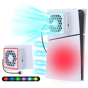 PS5 Slim Cooling Fan with Colorful Light Strip for Playstation 5 Slim Consoles, Quiest Cooler Fan, PS5 Slim Accessories with 3 Levels Cooling Fan with 2 USB Hub