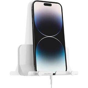 Decobay D2 Wall Mount Phone Holder, Hands Free Phone Holder with Adhesive and Data Cable Receiving Hole for Shower, Charging, RV, Compatible with iPhone, Smartphone Cables, Keys and More