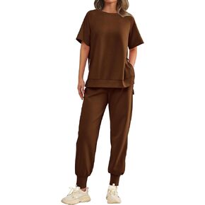 MASCOMODA 2 Piece Outfits for Women 2024 Summer Crewneck Short Sleeve Tops Long Sweatpant Casual Tracksuit Jogger Lounge Sets