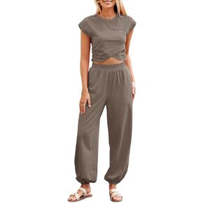 Fisoew Women's Two Piece Outfits Casual Lounge Sets Crop Tops and Joggers Tracksuit with Pockets