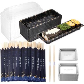 Sbirdbao Disposable Dinnerware Set for 50pcs Sushi Trays Containers with Lids 8.6 x 3.6 Inch Disposable Sushi Take Out Boxes, 50 Pairs Japanese Bamboo Chopsticks, 100pcs Soy Sauce Dishes