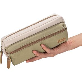 bnizy Large Pencil Case, Pencil Pouch with Zipper Compartments, Aesthetic Pencil Case for Adults, Stationery Pouch Pen Case for Office (Beige&Green)