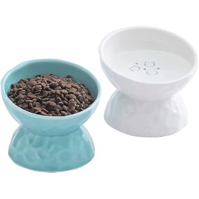 OMAYKEY Ceramic Raised Cat Bowls, Tilted Elevated Cat Food and Water Bowl Set, Porcelain Stress Free Pet Feeder Dish for Cats and Small Dogs, Dishwasher and Microwave Safe, White & Green, Set of 2