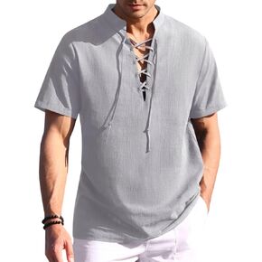 قميص Runcati الرجالي بأربطة ريترو عصر النهضة هيبي كاجوال صيفي للشاطئ بأكمام قصيرة من Henley