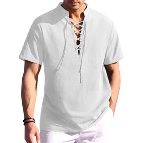 Runcati Men's Lace Up Shirt Retro Renaissance Hippie Casual Summer Beach Short Sleeve Henley